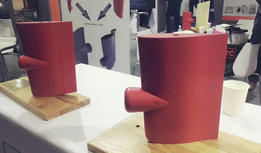 Rudder models with propulsion bulb shown on a trade fair stand