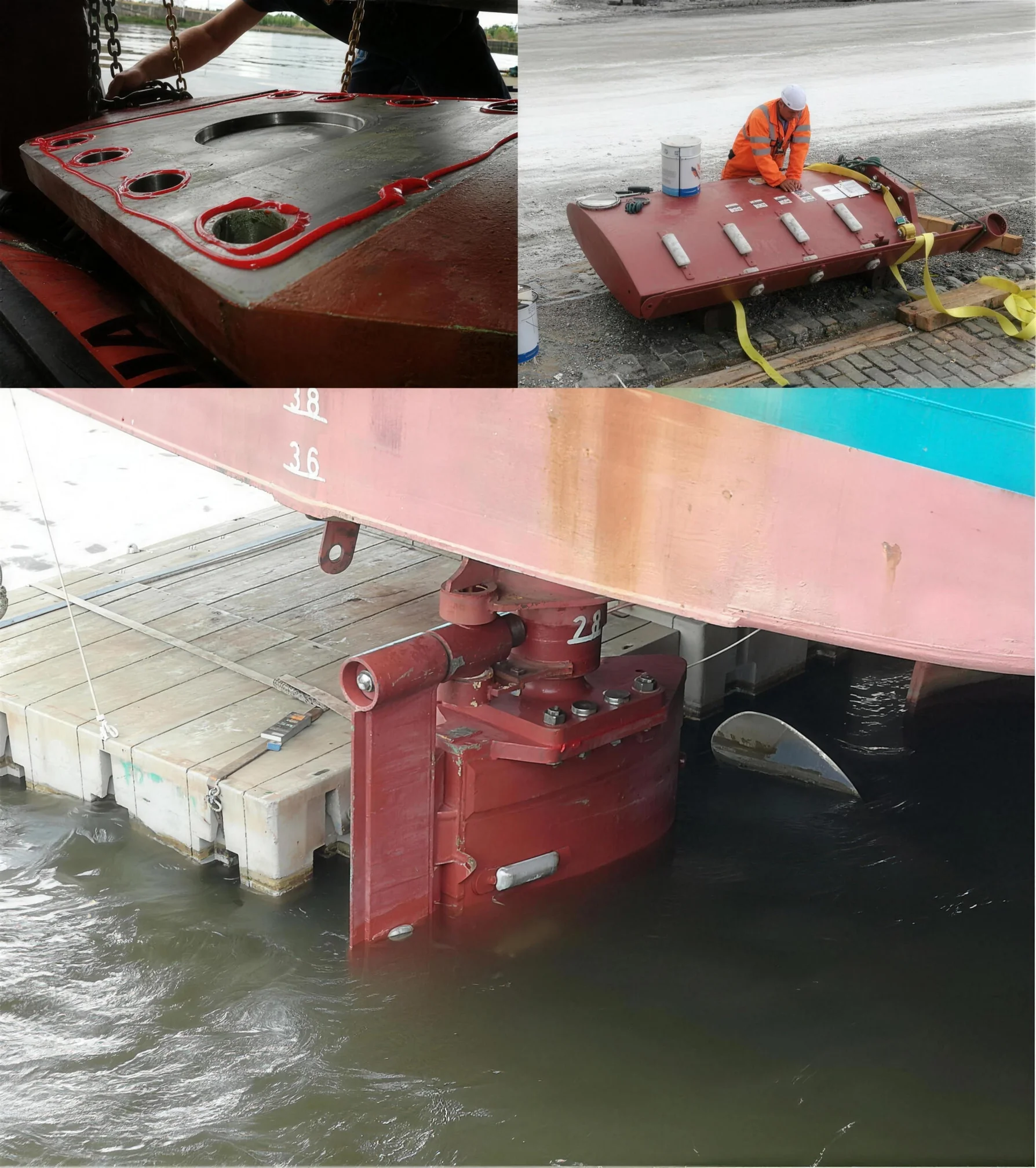 Rudder blade replacement on a floating vessel without dry docking