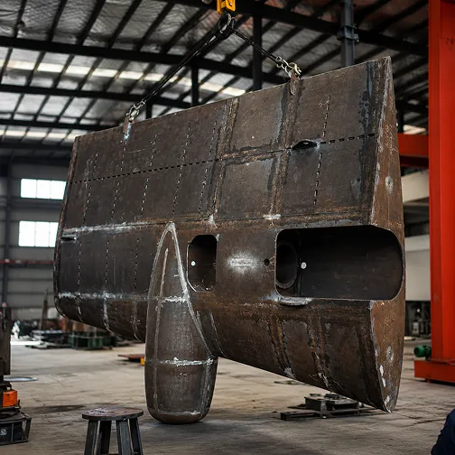 Welded rudder blade shell lifted by crane in the workshop