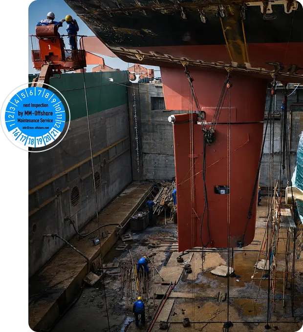 Rudder in dry dock with MM-Offshore maintenance inspection sticker