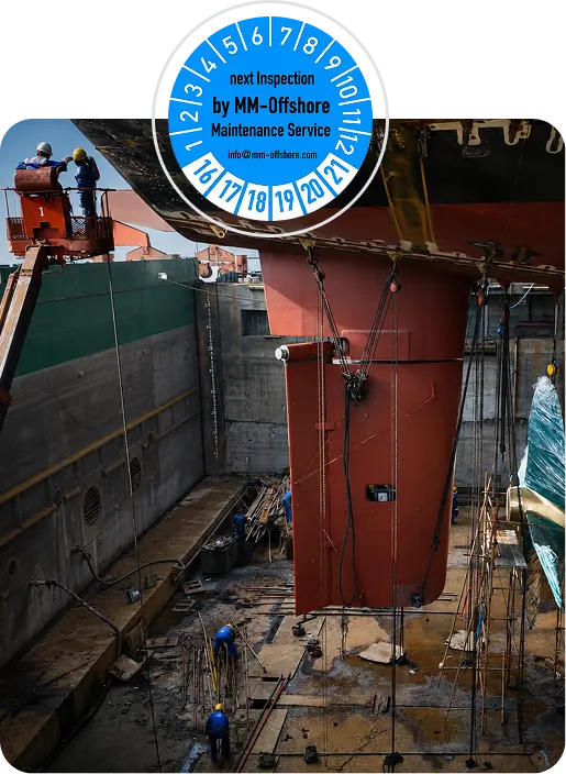 Rudder in dry dock with MM-Offshore maintenance inspection sticker