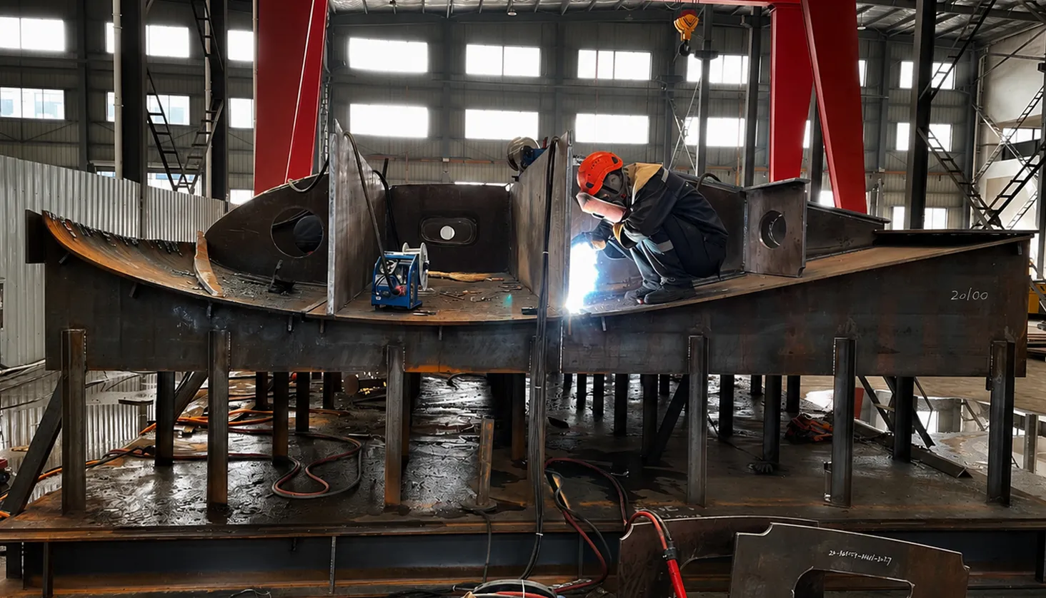 Welder assembling a rudder blade in the in-house production hall