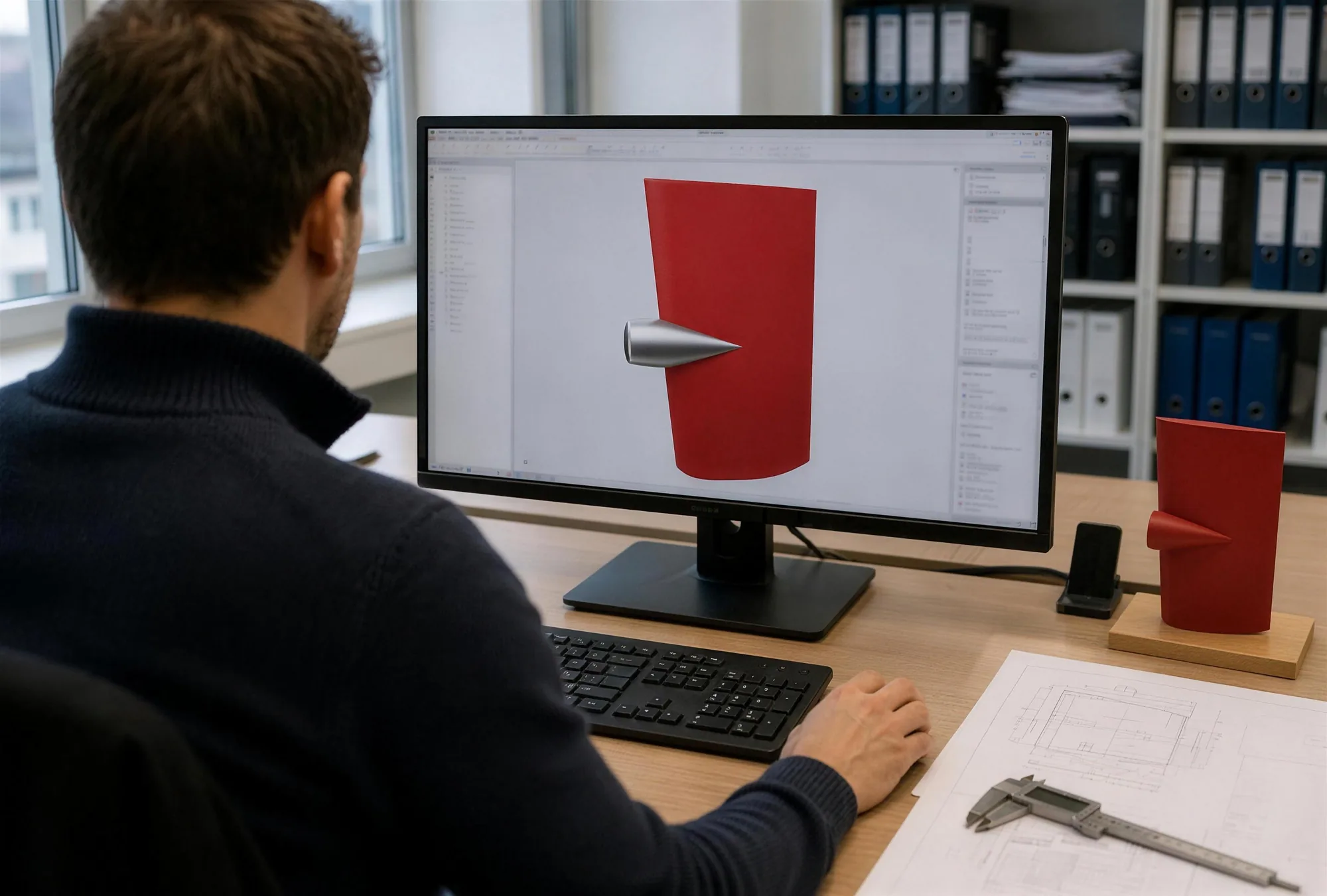 Design engineer working on a 3D CAD model of a red full spade rudder, a red scale model of the rudder on the desk