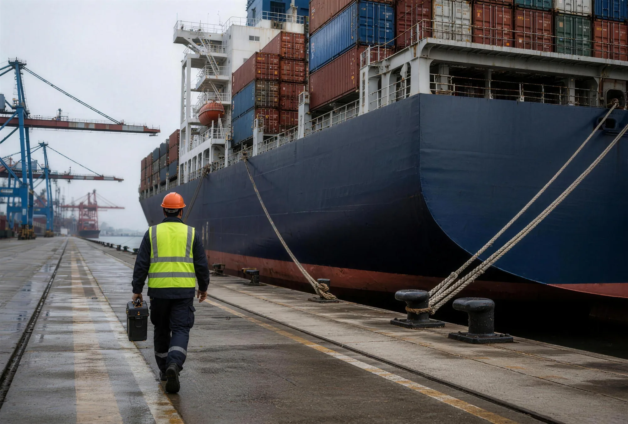 Service engineer with tool case walking along the quay next to a moored container vessel