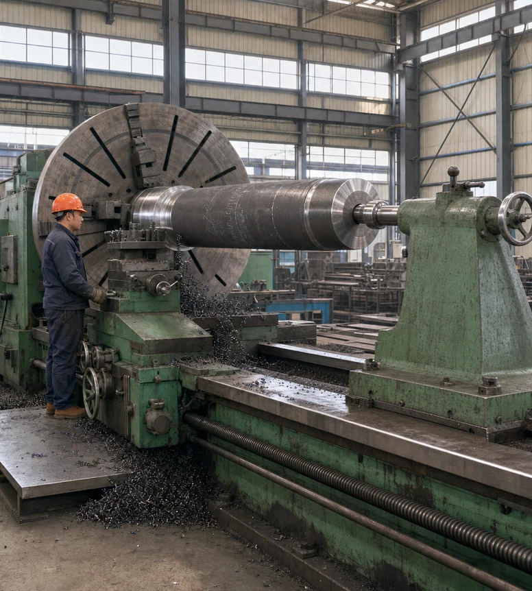 CNC lathe turning a rudder stock