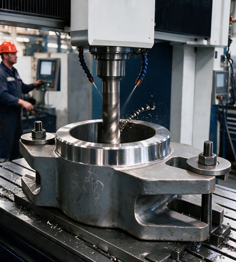 CNC gantry milling machine machining a rudder component