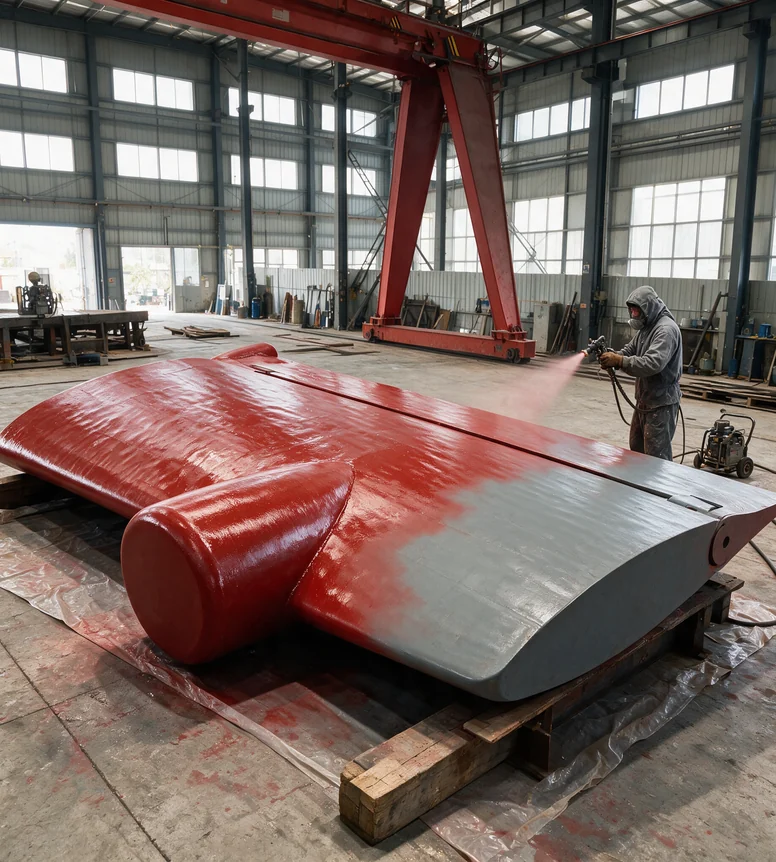 Worker spray-coating a rudder component in the paint booth