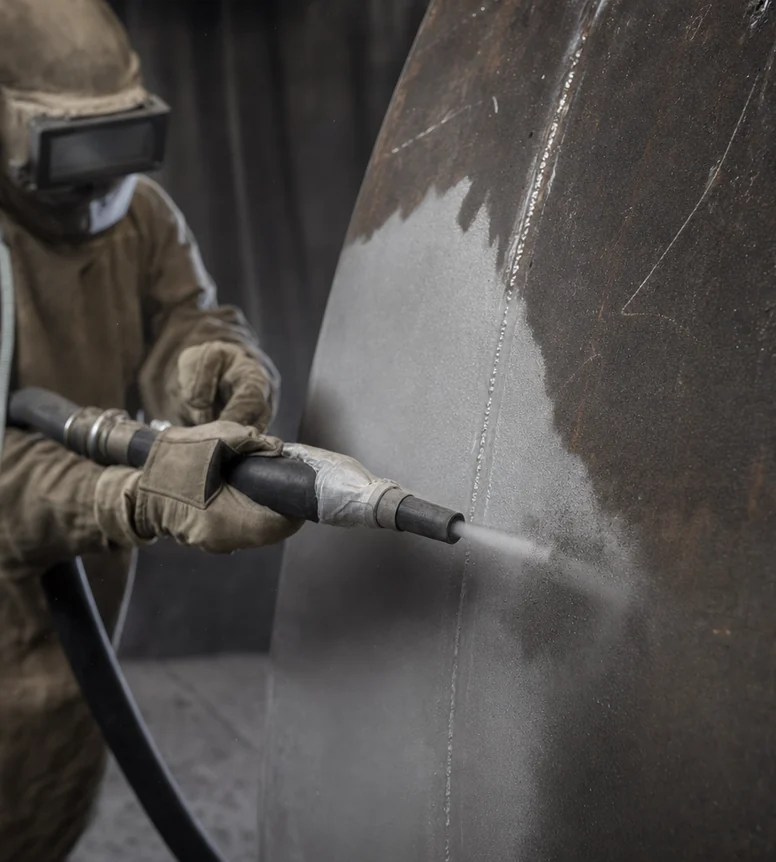 Worker sandblasting a rudder component