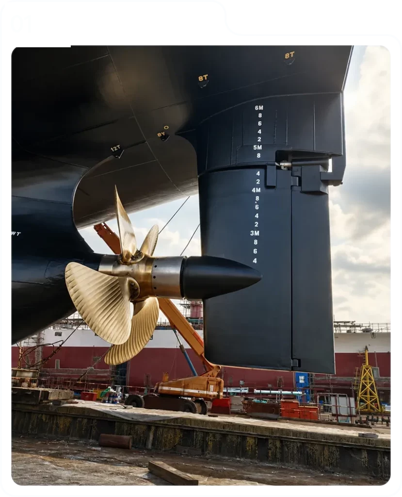 Full spade rudder with propulsion bulb and flap in dry dock