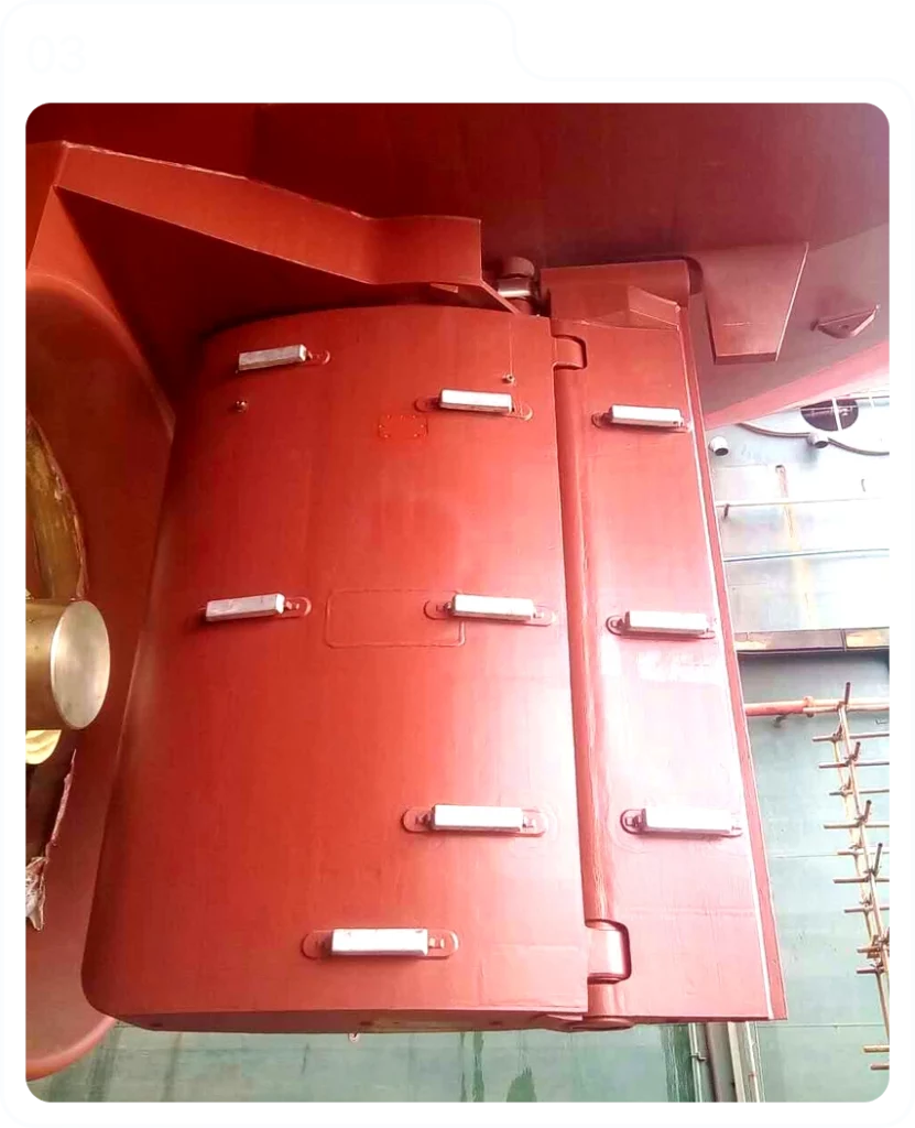 Empire full spade rudder with flap and anodes at the shipyard
